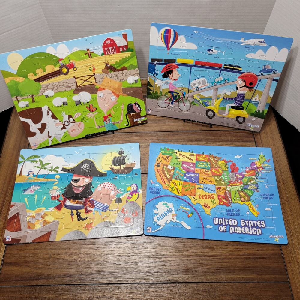 Set of 4 Play Monster 11" x 14" Kid Puzzles: Farm, Transportation, Pirates, USA